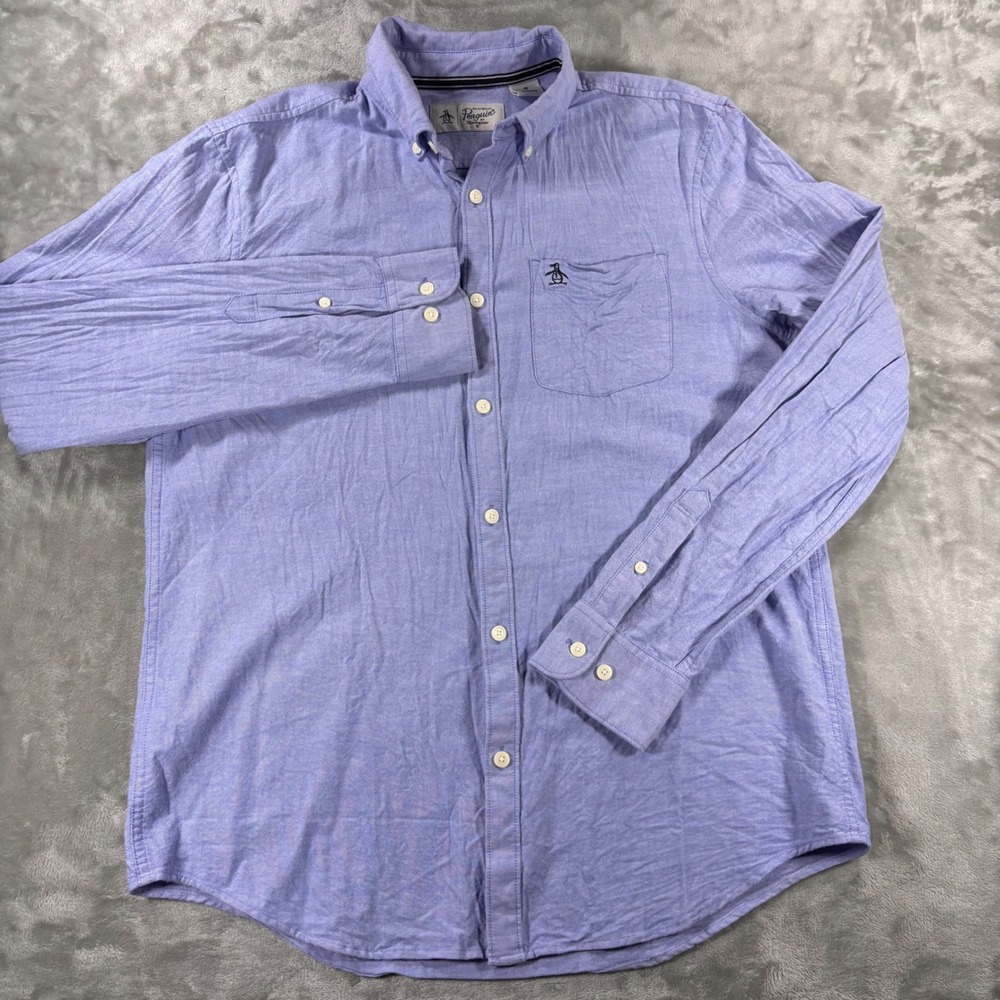 Original Penguin Mens Blue Long Sleeve Button Down Shirt Size M Logo Pocket
